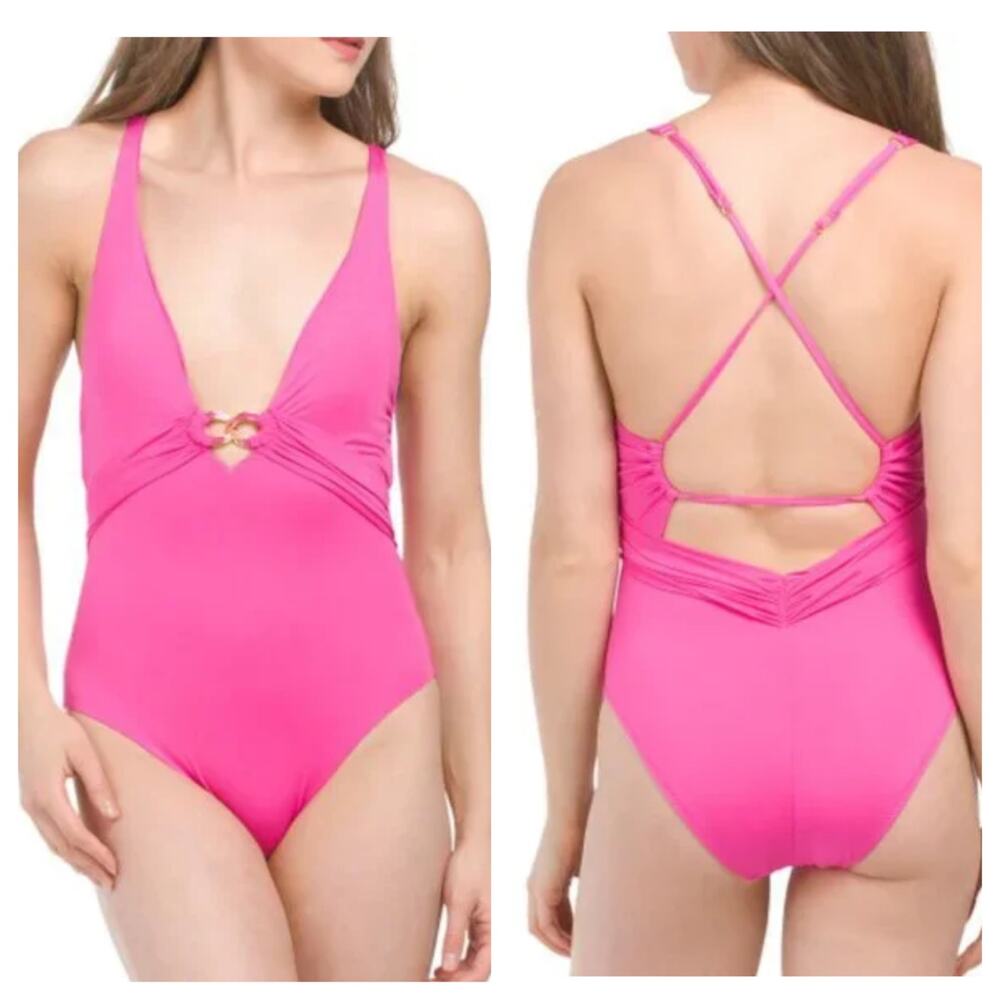 NEW Trina Turk Monaco Deep Plunge V-Neck Swimsuit One-Piece Pink Womens Size 10